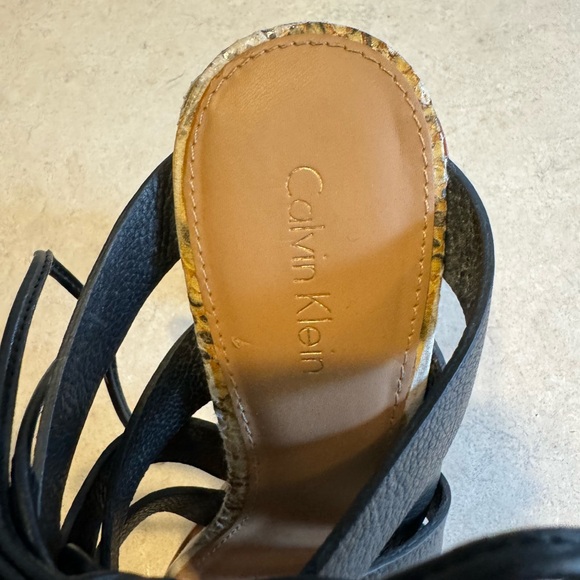 Calvin Klein Penelope Stacked Wood Heel w/ Ankle Tie - Black and Snake Skin - Picture 3 of 6